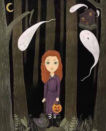 An illustration of a red-headed girl in the woods in a purple witch costume, being circled by ghosts. There is a haunted house in the top back right corner; and a crescent moon in the left corner. 