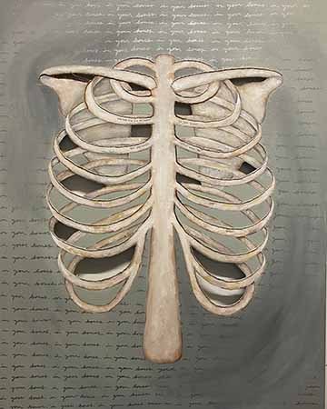 Skeletal ribcage as a focal point, with a dark and hazy gray/sage green background, with the silver metallic text repeated, “in your bones.” The rib cage has segments cut out of the canvas, and has the edges embroidered. As well as the text directly on the bones saying, “you can aim for my heart, go for blood. But you would still miss me in your bones.”