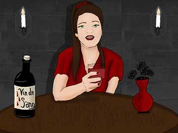 A vampire sits at a dimly lit table with blood wine in her glass and black roses to the right. In the table, “Looks Can Be Deceiving” is written.