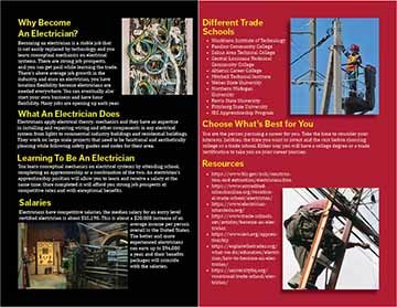 Two-sided pamphlet giving information on what an electrician is and what the job could provide for the reader. The images within the pamphlet show electricians working and what some of the electrical situations one could potentially come across.