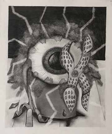 An eyeball in the center of the page is using tendon-like arms coming out of a cup. The floor is wooden planks, and surrounding the eyeball is dark fog with lightning streaks running to the edge of the page. There are strange chunk pages along the floor as well.