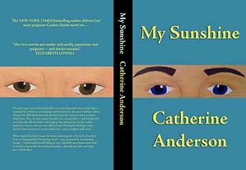 This is a book cover showing a set of blue eyes between a set of blue rectangles on the front cover with the title in yellow above the eyes. The name of the author is underneath the blue eyes, also in yellow. Then the spine is black with a title in white with the author&#039;s name in yellow. Then the back shows a pair of hazel eyes between two blue rectangles. Above the eyes in the blue rectangles is yellow type with comments of the book, and underneath the eyes is the synopsis of the book, also in yellow.