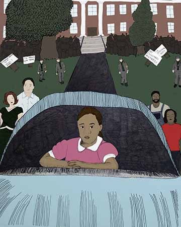 In the foreground, a blue car holds a six year old black girl in a pink dress with the rest of the view into the car blacked out heading towards a brick building. To the left of the car, there is a red haired white woman in a green dress in front of an older white male in a blue button up shirt. To the right of the car, there is a black woman in a red sweater and a black skirt in front of a black man with short hair and a beard in blue overalls and an off-white tee shirt. In the middle ground, you have four