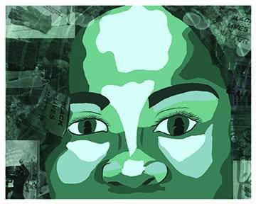 Picture done in shades of green and blue of Michelle Obama with the reasons of her depression in her hair.