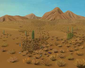 This is a scene of a very warm and open desert. In the background consist of several mountains going from the right to the left of the piece. The middle ground is covered with rough desert terrain consisting of small bushes and a few cacti. The foreground is full of small and large bushes with tall cacti. Around the larger bushes are hints of articles of clothing, water bottles, a shoe and a backpack. There are also two grave markers on the right and left of the piece.