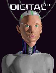 This is a portrait of a female Android facing toward the viewer against a black background. The skin of the figure ends at the neck and at the hairline. In place of hair, her metal skull is visible with green glowing light strips going from the front to the back. Also, attached to the skull are large wires that travel up and out of the piece. Her neck is made up of many wires and a metal spine. The body is also made of metal. The piece ends at the middle of the chest.