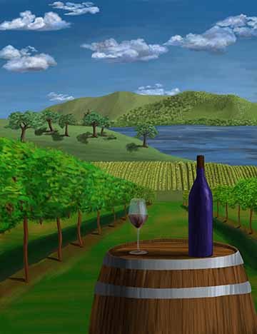 This is a scene of a vineyard with mountains in the background. There is a body of water and trees sitting on a hill in the middle ground. Also, in the middle ground is a hill where the vineyard begins with rows and rows of grape vines. In the foreground, the viewer is looking between two rows of grape vines. Between those grape vines is a wine cask. Sitting on top of the cask is full wine glass on the left and a bottle of wine on the right.