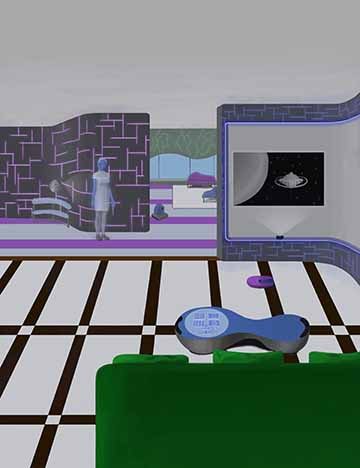 This is a futuristic scene of a living room and part of a sitting room. The sitting room is in the background and can be seen between two walls in the middle of the piece. Two couches can be seen with a large window on the back wall. There is also a small robot making its way into the living room between the two walls. In the middle ground the two walls split to reveal the background. To the left of the middle ground is a floating robot projecting a hologram of a human. To the right is a curved wall with a 
