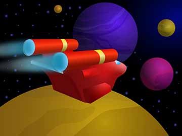 A red ship flying through space over a large planet at the bottom of the piece. In the background stars sparkle and other large and smaller planets are visible.