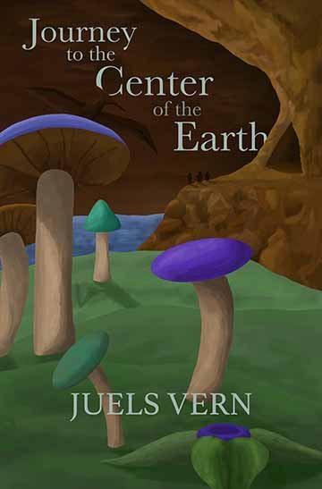 Mushroom stand tall in the foreground while a pterodactyl flies over head. Standing on a cliff to the right in the middle ground are three figures. The scene is set in an underground cave.