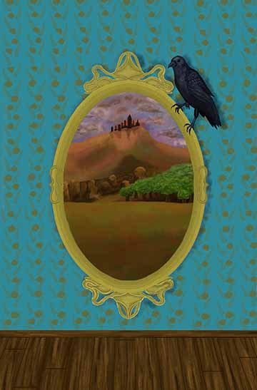 A Victorian style mirror hangs from the wall while a raven is perched to the right on the mirror. Inside the mirror is a portal to another dimension. A forest sits to the right inside of the mirror while a castle sits on a mountain in the background.