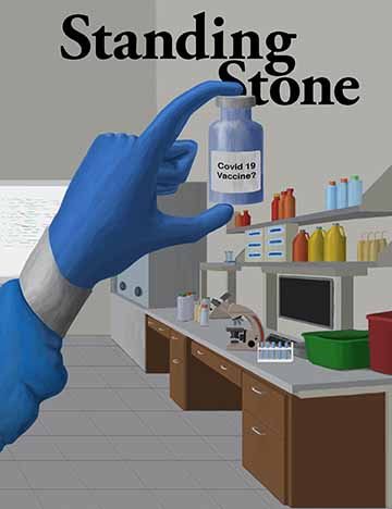 A gloved hand holds what might be the covid vaccine between two fingers in the foreground. To the right is a lab desk with an assortment of lab equipment.