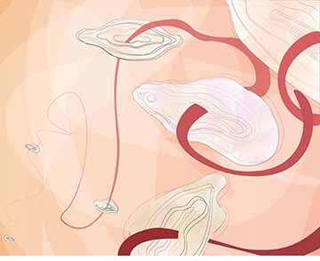 Abstract Vaginas shrinking smaller in the distance with a red swirly line flowing through them. The background is water colored orange. 