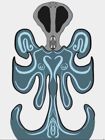 This is an alien character I drew in Procreate. Its wearing a teal colored robe and has sharp white teeth. The robe has light blue symmetrical design on each side. The robe also represents the female anatomy through its design.