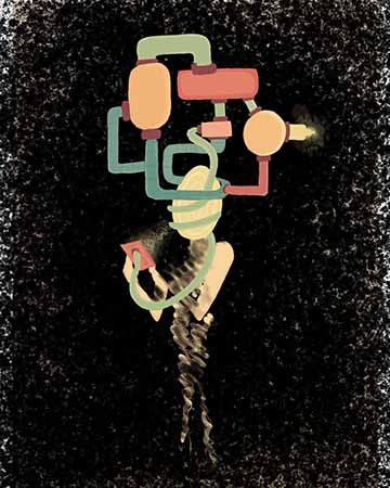 This piece is a human-like figure holding a phone that has a green cord connected on the back which then extends to the human head is a machine. The colors used are green, blue, orange, yellow, red, with a black textured background. 
