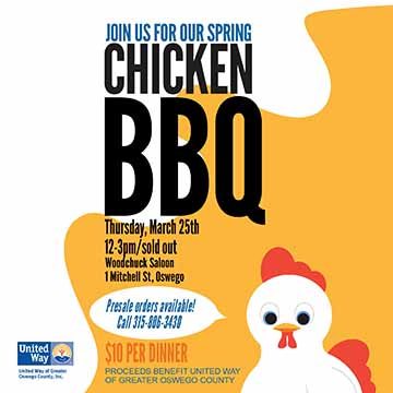 Background is half white and Half Orange with a swirl divider. Text centered says “ Join us for our spring chicken BBQ Thursday ......ect. Vector chicken on the right side with a message bubble that reads “Pre sale orders Available” UnitedWay logo on the left bottom right corner. 