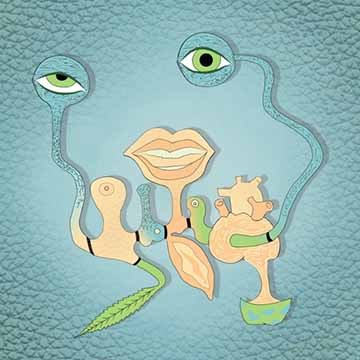 Vector Image of an unusual creature made of two eyes, a mouth, a heart, a mushroom, and other human anatomy. Teal blue background with a vignette of dark skin texture. 