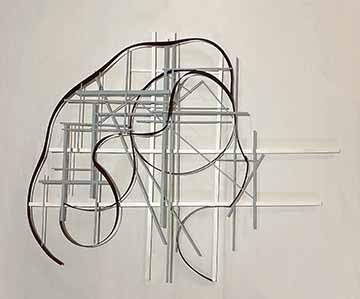 A wooden sculpture of wooden  square dowels and thin strips of wood that form curved lines. Overlapped and criss crossed lines of the wood along with curved lines form a profile of a woman portrait looking to the right. The curved lines are black red, the thinner dowels being blue gray, with the thick structure being white.