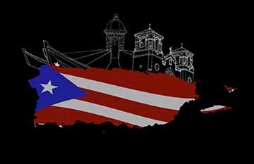 An illustration of the map view of Puerto Rico. The background is black with the Puerto Rican flag filled in the island. Above the island there are three illustrations of scenes from landmarks that are important to the artist. From the left to the right there are boats poking out of the left corner. In the middle there is a path to a small post/building and to the right there is a large building with three points with crosses at the top, with the middle cross being a floor lower than the rest.