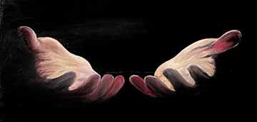 A painting of two hands coming out of darkness with red and brown colors in the hands. The bottoms of the hand turn more natural colored with a 2D line illustration of ruins. The illustration is in white and had minimal detail other than a wireframe of the ruins.