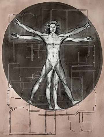 A painting of a man with his arms and legs splayed with a second motion of his legs and arms higher and further apart. He is in a dark circle with a bronze washed background and white and black floorplans surrounding his body.
