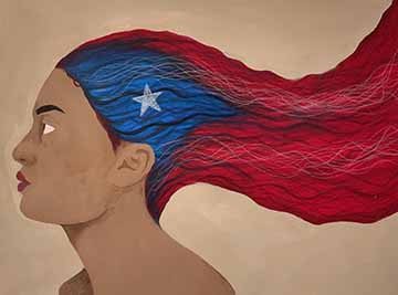 A painting of a woman facing to the left. Her hair makes up most of the image with it waving in the background as a flag. Her paint is painted as the flag of Puerto Rico.
