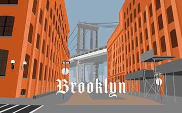 A digital illustration of a city scene. Two large orange-toned buildings frame the sides of the illustration with the Manhattan bridge in the background in blue and gray tones. The scene is empty with neutral colors for the sidewalk and street with the name Brooklyn sitting in the middle of the illustration in white text.
