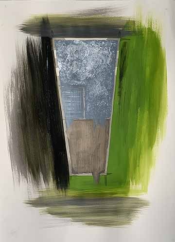 A painting of a trapezoidal floor plan. The drawing disappears with a texture of white and blues in the top of the floor plan and browns near the bottom. Green, gray, and black brushstrokes surround the drawing with the green on the right and black on the left.