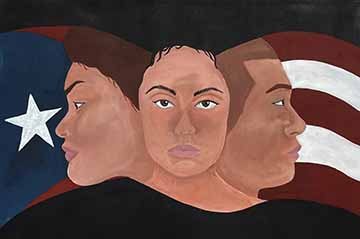 A painting of 3 people’s portraits  within a Puerto Rican flag. Starting from the left there is a woman facing to the left with brown hair. In the middle, there is black - haired woman facing forward making eye contact with the viewer, she has her neck and shoulder shown. On the right, there is a man facing to the right with brown hair.