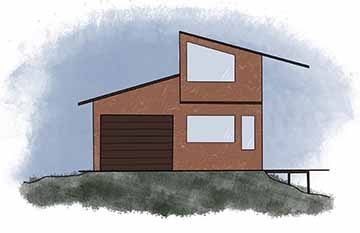 A digital illustration of the front of a house. Surrounded by blue sky and green grass, the house is a reddish brown and has offset roofs and a brown garage on the left side of the house. The right side and higher side have 3 windows throughout the two stories and with a porch coming off the bottom floor.