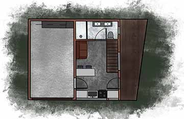 A digital illustration of a plan/overhead view of the first floor. The plan is a rectangular shape surrounded in green texture with the right bottom side more to the left. The deck is brown. Textures of black and white marbled floor are throughout the first floor. Accents of red/brown and blue gray are throughout the furniture and appliances.