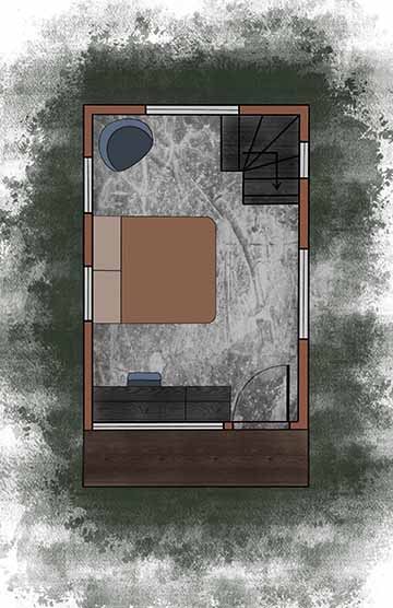 A digital illustration of a plan/overhead view of the second floor. The plan is an upright rectangle surrounded by grass texture and it is a single room that has a deck at the bottom of the plan. The red/brown bed is centered in the middle with blues and grays surrounding.