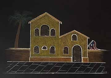 A drawing on black paper of a house. The house is illustrated in white pen and yellow and orange colored pencil. The house has spanish influence with arched doorways and windows. There is a Puerto Rican flag coming off the right side of the house. The house is framed with brown concrete fences and a paved street and a palm tree in the background.