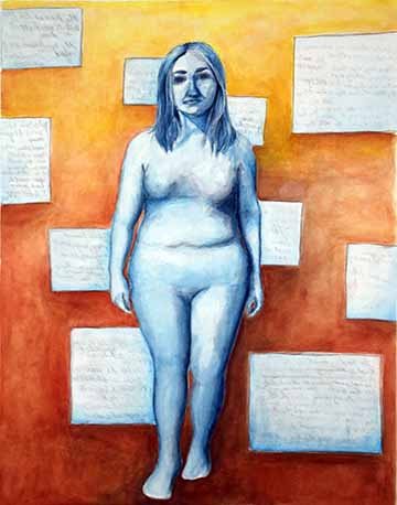 A blue full-body figure steps forward from an orange gradient background, with light blue squares in the background. Words are written on the boxes, backwards, and are unintelligible.