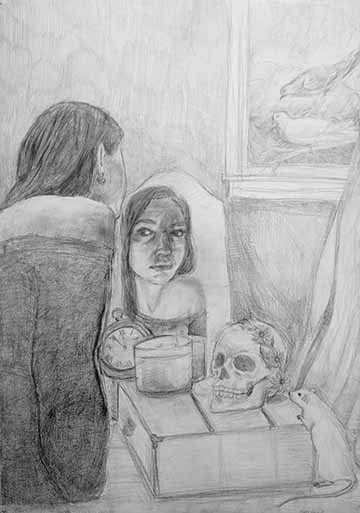 A self-portrait looking into a mirror, with a skull, candle, rat, and flowers on the table below. A half-curtained window shows a pigeon and a dove.