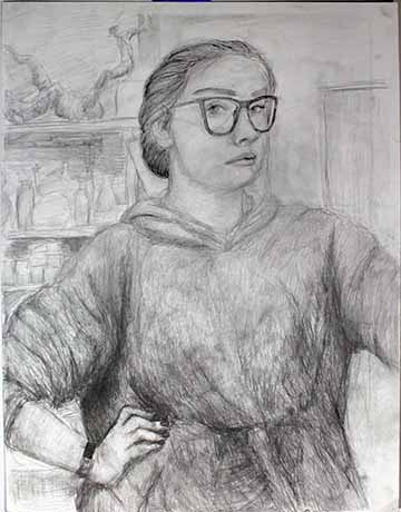 A self portrait done from life while drawing from a mirror. It shows me in the act of drawing, with a hand on my hip, hair in a bun, and a shelf of still-life props behind me.