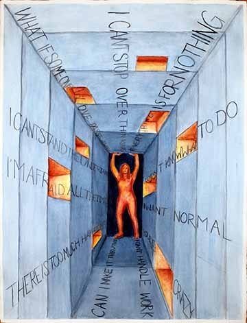orange figure of myself stands in the middle of a hallway like spaces, arms up as if holding the ceiling up above them. Several smaller orange boxes are placed in the wall and ceiling, while words start at the front of the image and move smaller as they go towards the figure and further down the hallway. The sentences read, from the left wall counterclockwise,“I CAN’T STAND THE UNCERTAINTY”, “I’M AFRAID ALL THE TIME”, “THERE IS TOO MUCH HAPPENING”, “CAN I MAKE IT THRU THIS?” “I CAN’T HANDLE WORK”, “YOU’RE C