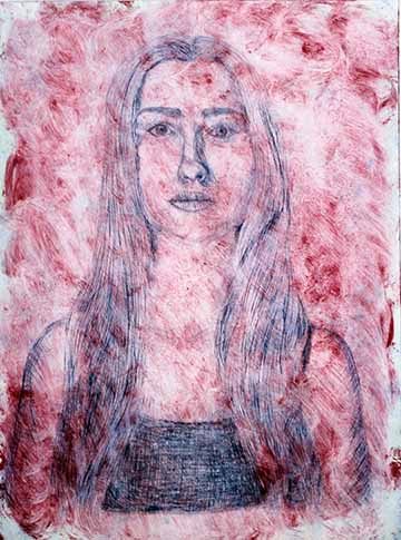 A blue image of myself with hair down, face neutral, staring directly at the viewer. Over the blue is red ink swirled over the image, so that the blue image is slightly obscured but still seen.