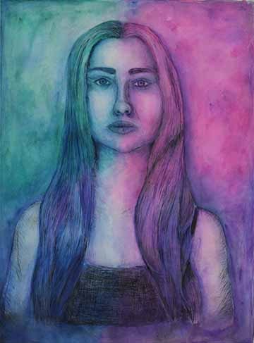 An image of myself with hair down, face neutral, and eyes staring directly at the viewer. The lower right is purple, the upper right pink, the upper left green, and lower left blue watercolor, blending between colors.