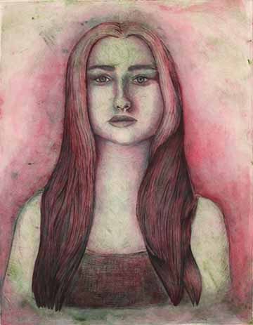 An image of myself with hair down, face neutral, and eyes staring directly at the viewer. The image is mostly watercolor in pink, with green in darker areas and coming through slightly in lighter areas. Green ink is smudged lightly over the image in the face and the lower background.