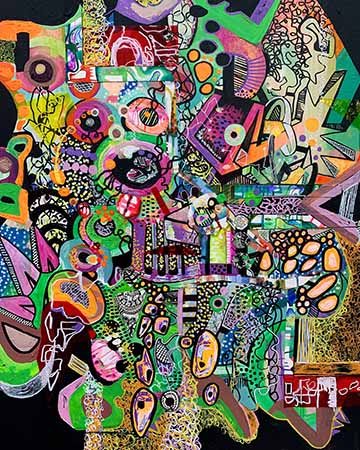 This piece is depicting an arrangement of abstract shapes that is very germ-like in terms of the bright green color that is consistent throughout. The piece is very intricate in terms of the repetition of shapes and a wide range of mark making techniques. It contains pink, purple, orange, green and blue shapes, along with black surrounding the larger oval shape. 