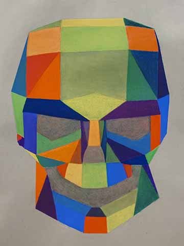 This drawing contains a skull composed of planes of solid colors, ultimately creating the illusion of three dimensional space by the way that the planes come together cohesively. This piece explores a very full range of colors on the color wheel. 