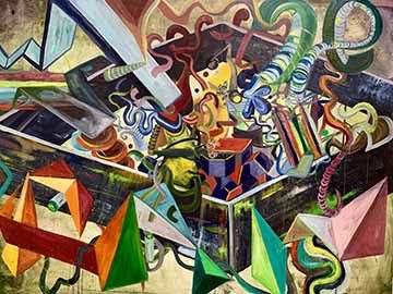 This painting depicts a large rectangular shape that seemingly contains an array of various abstract shapes. The abstract shapes have energy in the way that they seem to be moving through the bottom of the rectangle. In the foreground, there are three dimensional triangles that are prominent in the way that they add this component of density. This piece also explores a full range of colors.
