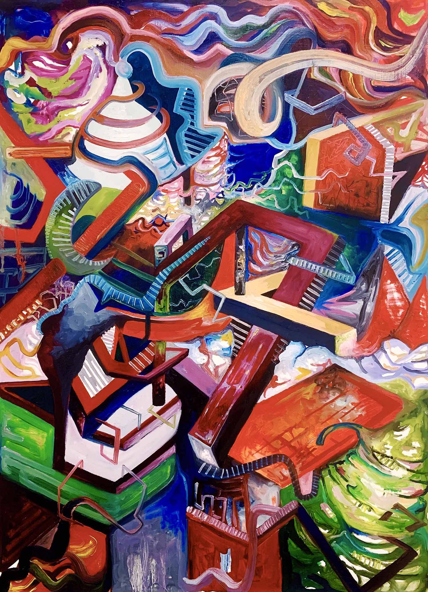 This abstract painting shows a clear contrast between straight-edge geometries and references to softer, fabric like material. Created based on a still-life, it explores a color palette of toned-down cool colors and is complimented with bright red tones for visual interest. The fabric forms seem to be pouring out of their sections and into the world of geometric shapes. 