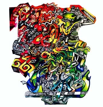 This work visually contains a density of many abstracted shapes seeming as though they have been piled into one structural form. Exploring a full range of colors from red to violet, the colors work from the top left corner to the bottom right, and blend from one to the next. The form is not within a rectangular space, but rather exists as its own entity in contrast to the white background it lives within. 