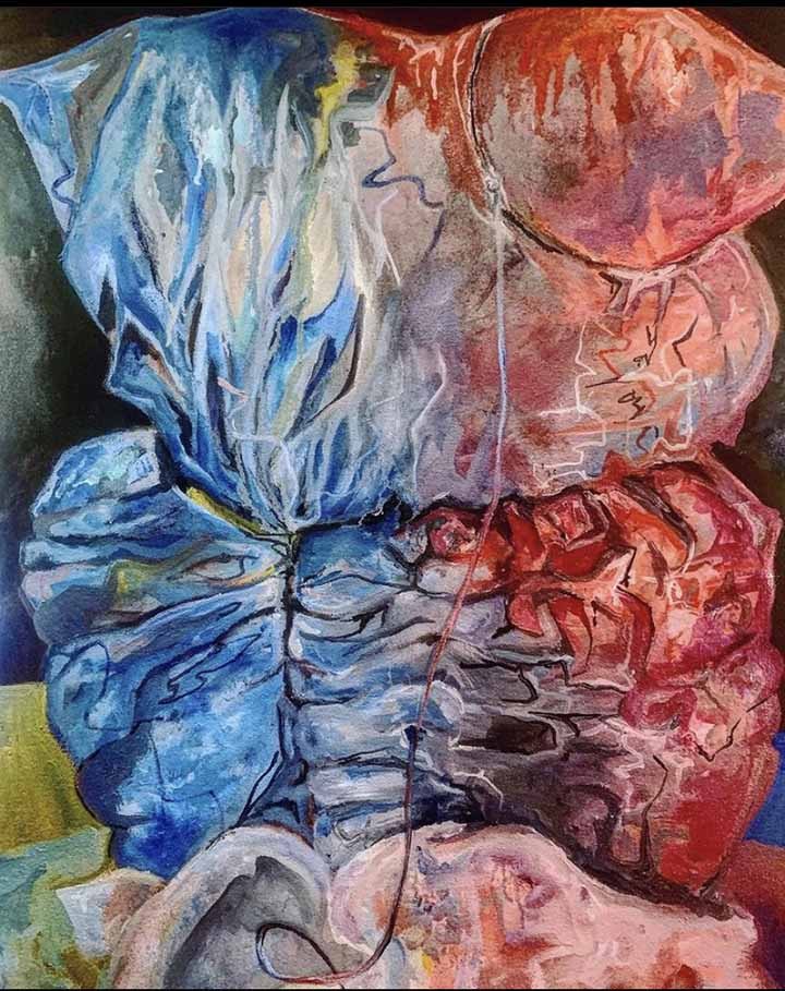 This painting is a still life of a pillow. Containing tones of red, blue and hints of yellow, it explores texture and gestures towards abstraction with the way that brush strokes were purposefully left prominent and unblended. The pillow takes up most of the frame, and is very central to the composition. There is a strayed string coming from the top right of the pillow, descending downward to a pile of fabric at the bottom. 