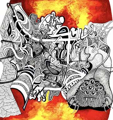 This illustration depicts a large, highly intricate spider web. The web is composed of very fine-tipped black and white penwork. The spider sits to the right of the web, and has a very solemn look on its cartoon-like face. Within the background, there are very bright red, yellow and orange tones ultimately contrasting greatly with the monochromatic spider and web. 