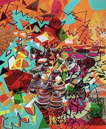This piece explores a very dense environment of abstract shapes ranging in orange, dark pink, turquoise, yellow and green. There are harsh, black zig-zags within the work that ultimately create another component of density. The pink, cylindrical shapes create a sense of depth as they get smaller and go further back into the space of the piece. 