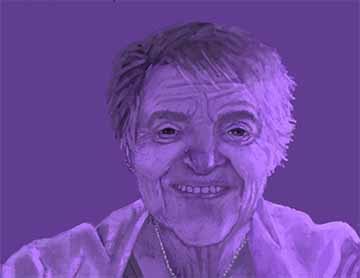 An illustration of a edlery female figure drawing from the shoulders up and it is in different hues of purple. She has a pixie haircut and bushy eyebrows. Her face and neck have multiple wrinkles. She is wearing a cardigan, earrings and a necklace. 
