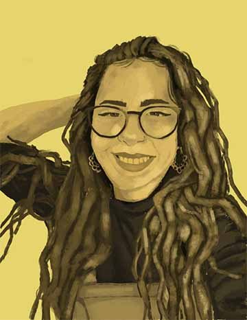 An illustration of a young female figure, starting from the upper chest and it is in different hues of yellows. Her left arm bends behind her head. She has long wavy hair and wears glasses. She is wearing a long sleeve shirt under overalls and wearing gold earrings. 